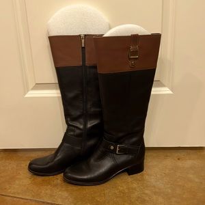 Bandolino Two-Tone Black/Brown Real Leather Riding Knee-High Boots. Size 8.